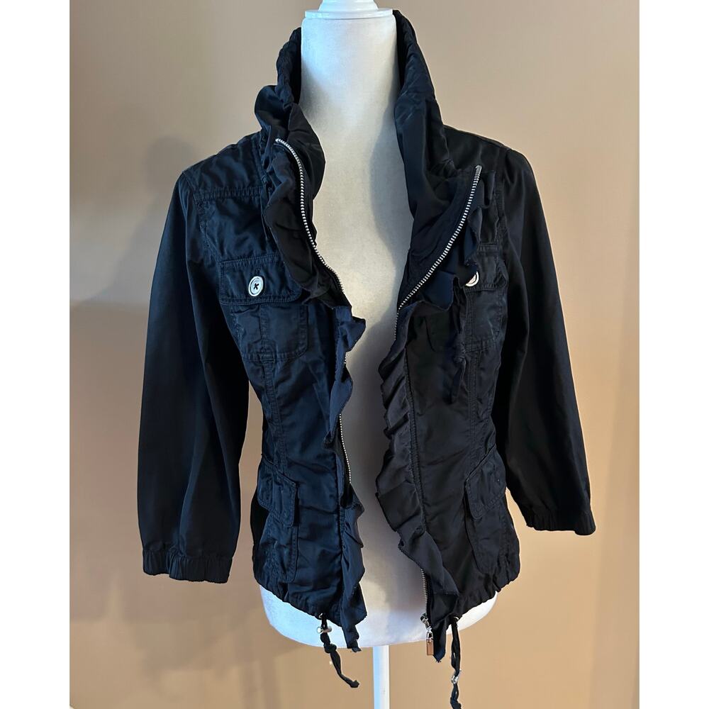 White House Black Market Women's Black Jacket with Ruffle Details, Size 6